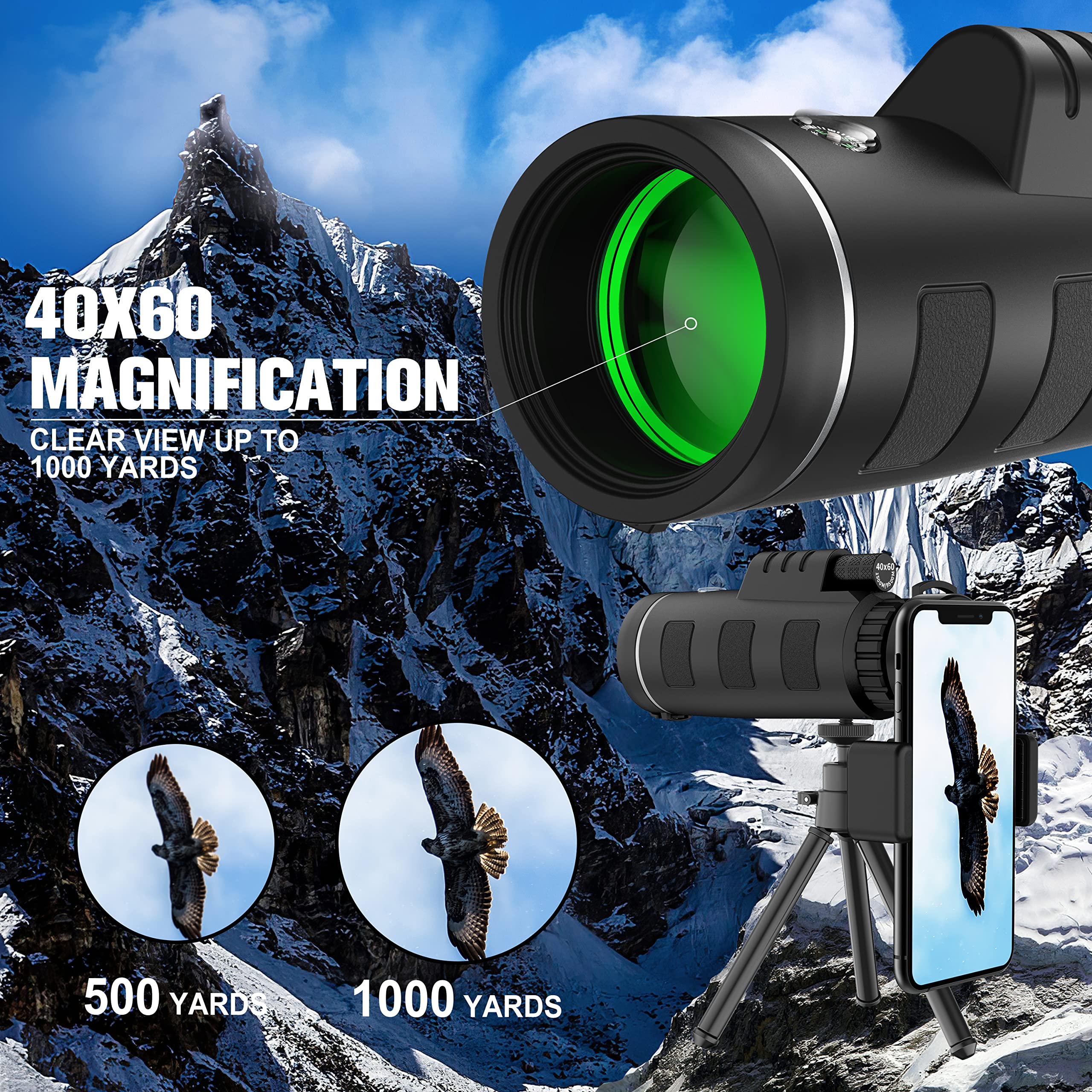 Jiasifu 40X60 High Definition Monocular Telescope With Smartphone Adapter, Bak4 Prism Fmc Monocular With Clear Low Light Vision
